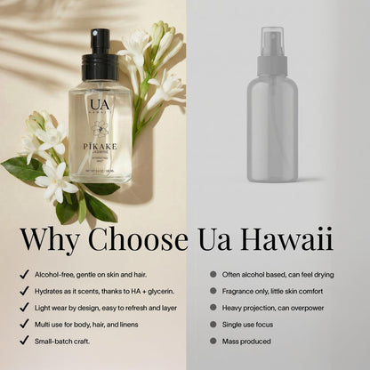 Application of Ua Body Pikake mist on hair and skin