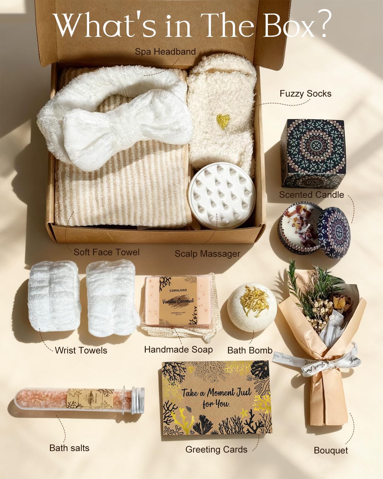 Coralogo spa set showing bath bombs and candle