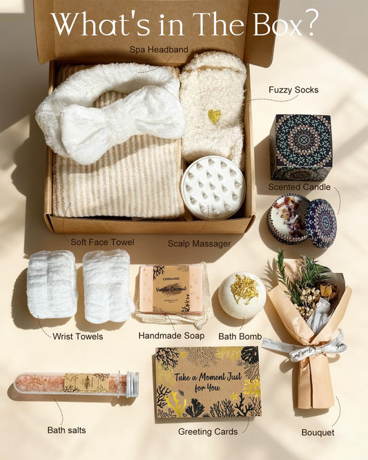 Coralogo spa set showing bath bombs and candle