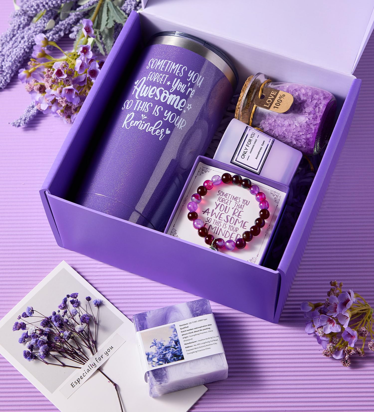 Top view of Citta Lavender Spa Bath Gift Basket components