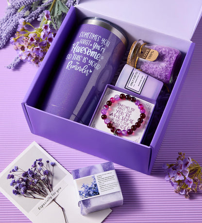 Top view of Citta Lavender Spa Bath Gift Basket components