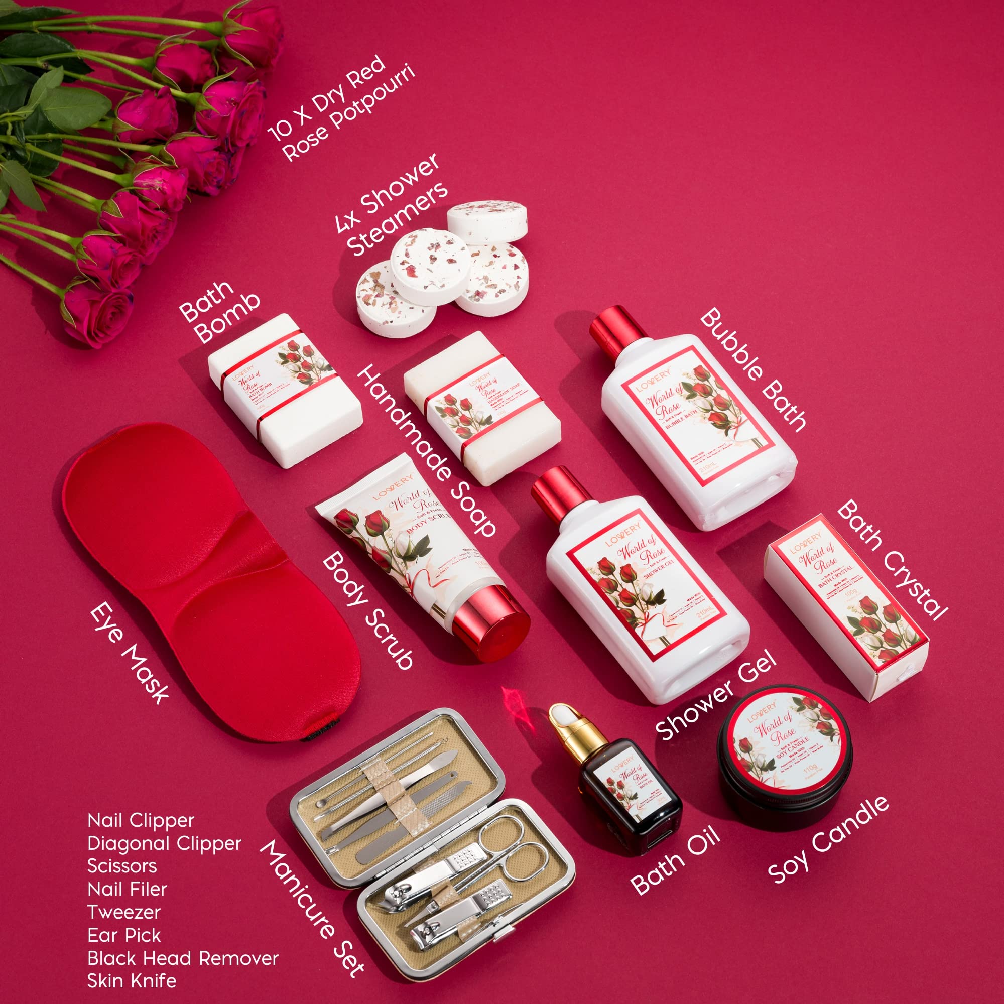 Lovery 35-piece home spa kit showcasing shower gel bubble bath and body scrub