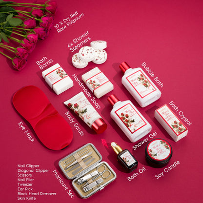 Lovery 35-piece home spa kit showcasing shower gel bubble bath and body scrub