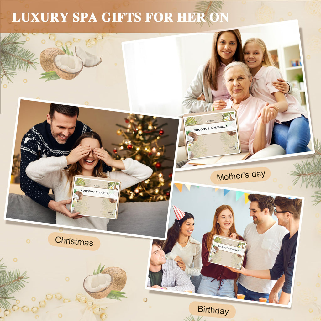LUCOTIYA spa collection lifestyle display highlighting coconut and vanilla theme