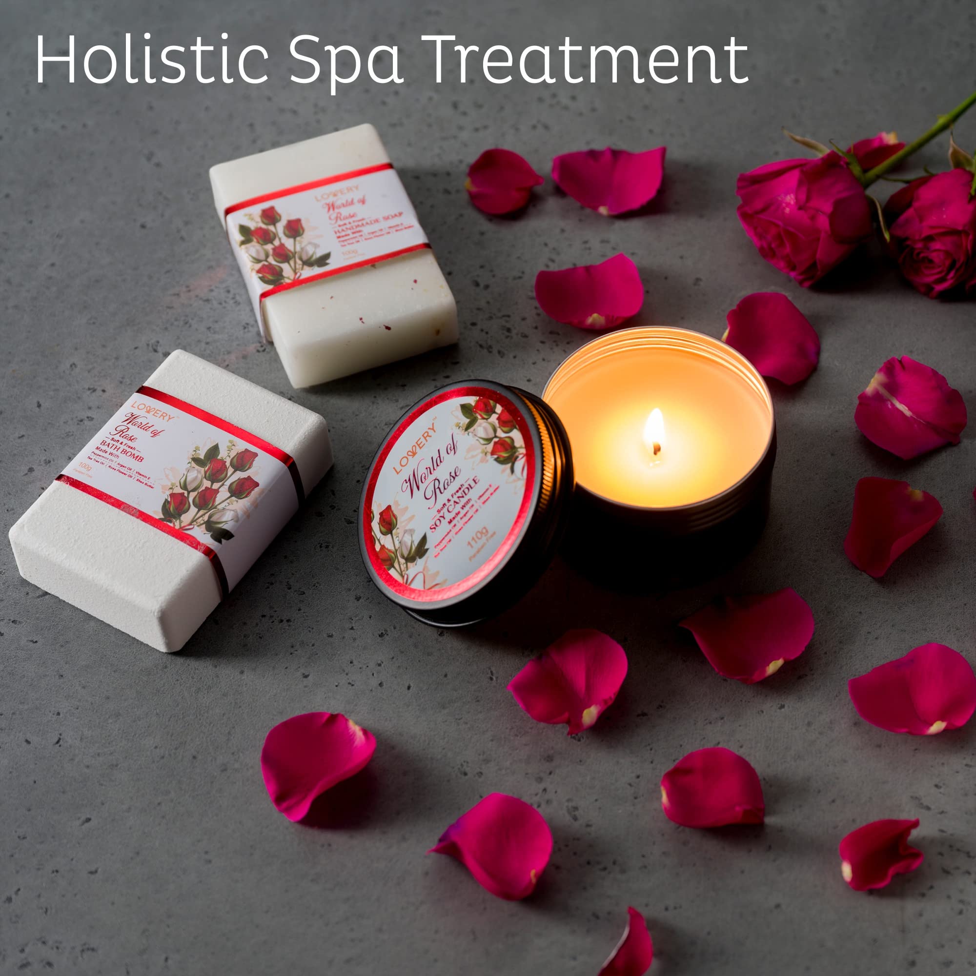 Scented soy candle and red rose bath bombs included in the relaxation set