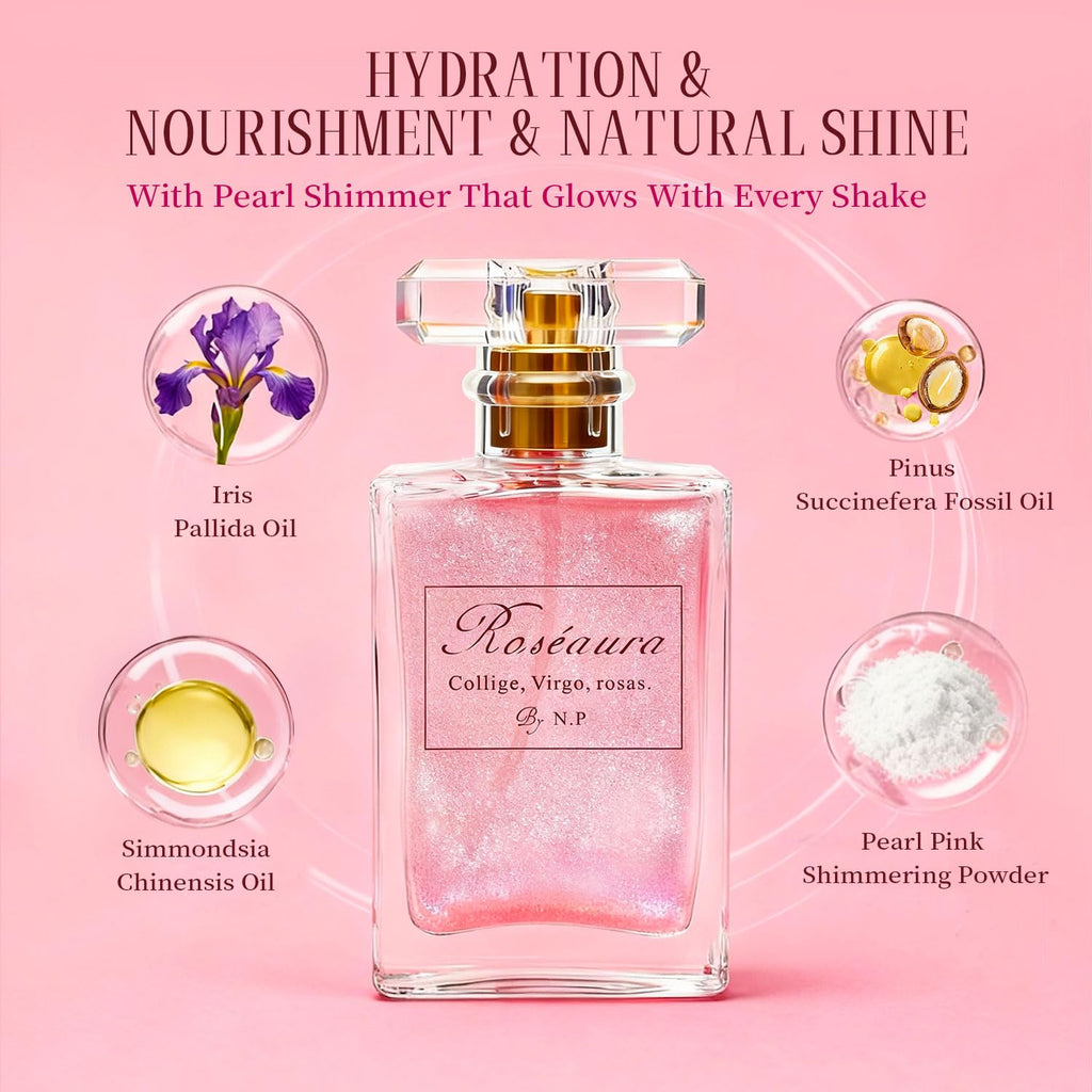 Shimmery pink hair perfume liquid texture closeup
