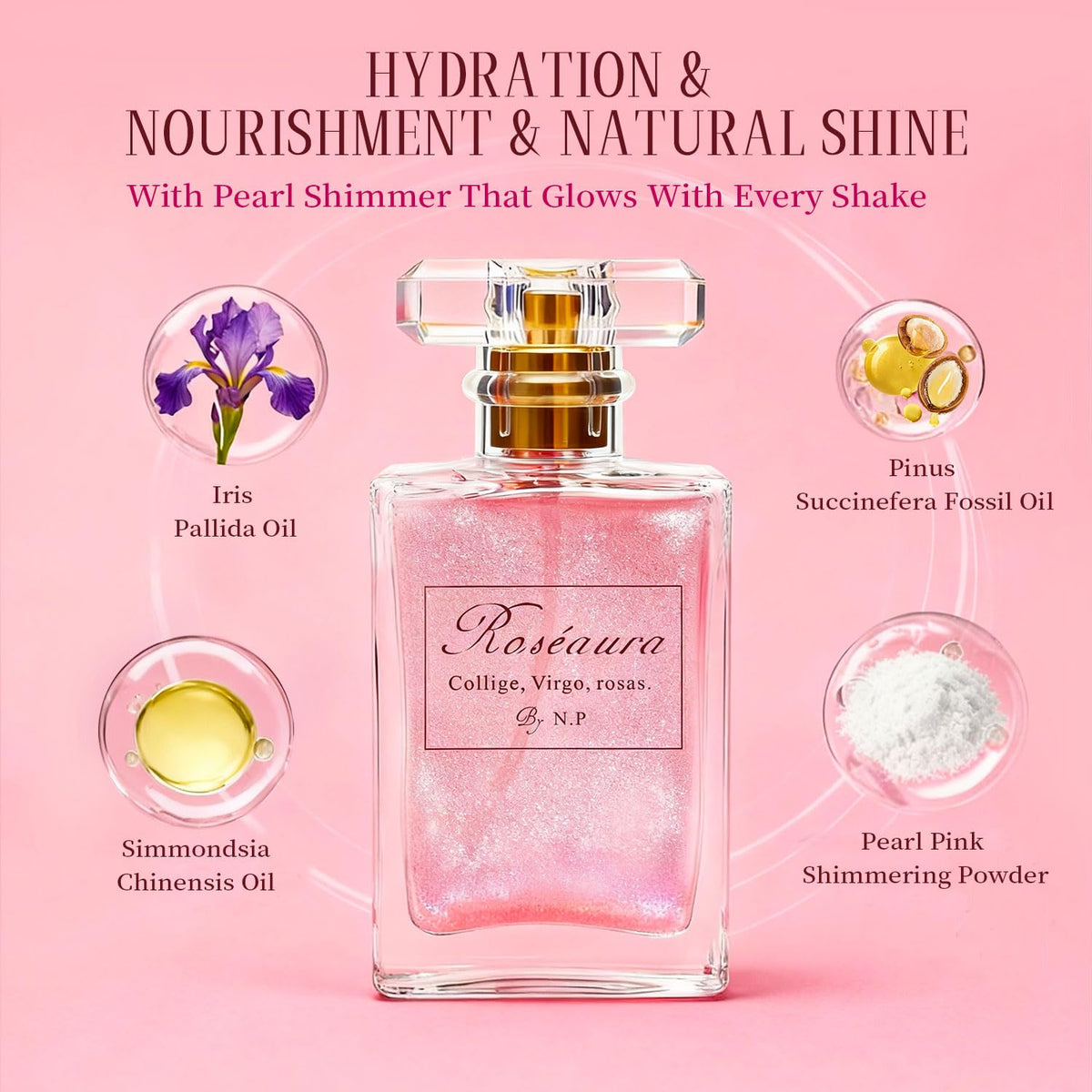 Shimmery pink hair perfume liquid texture closeup