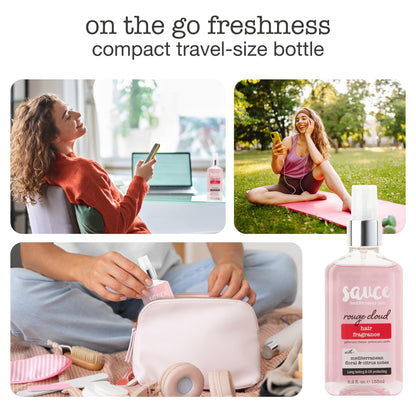 Woman styling hair with Sauce Beauty hair fragrance