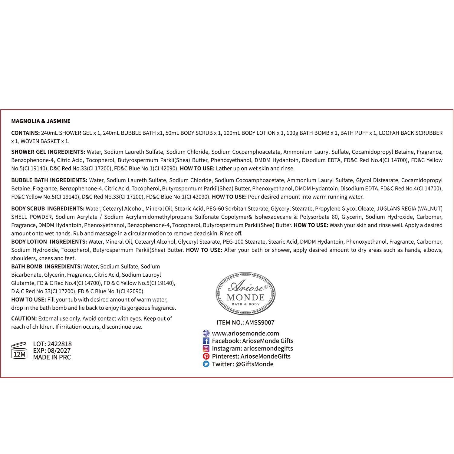 Detailed display of ArioseMonde bath products and accessories