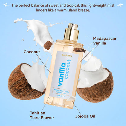 Side view of Lavanila Vanilla Coconut hair and body mist packaging
