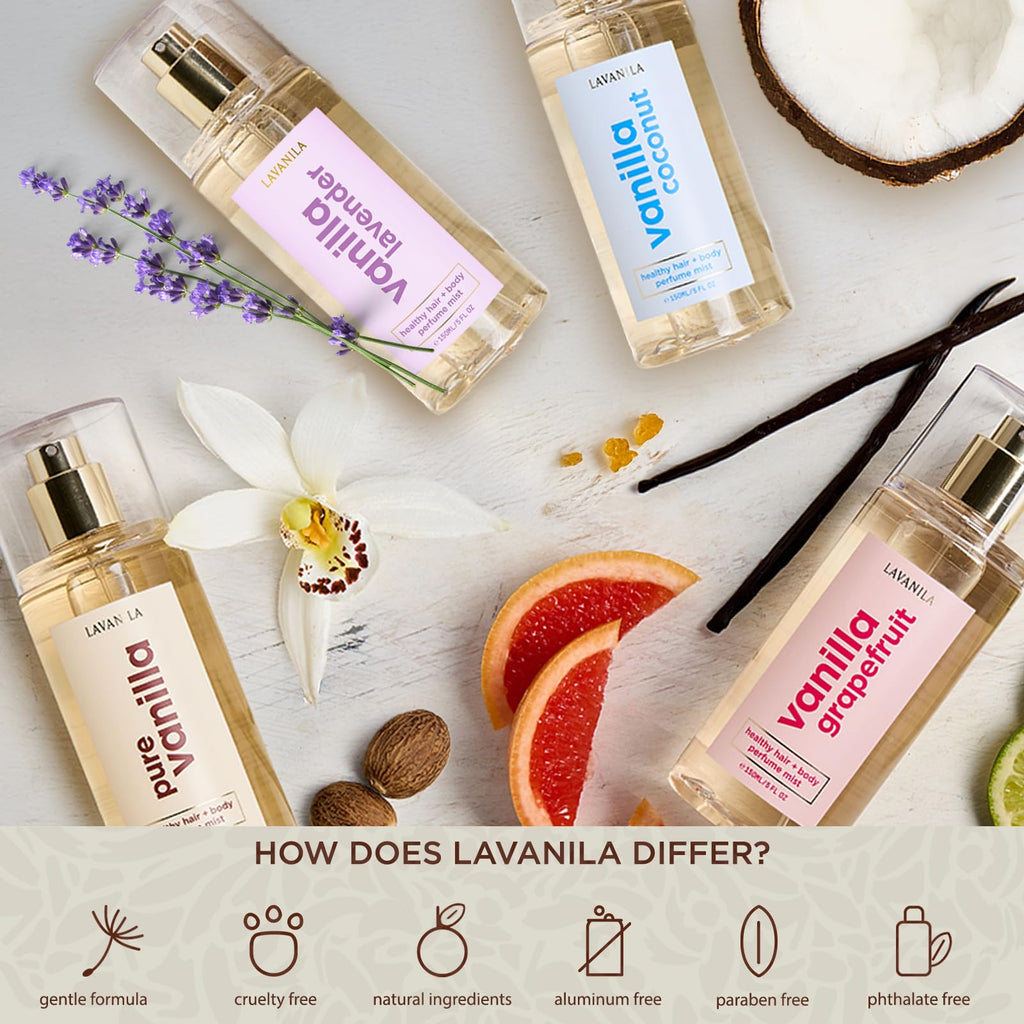 Lavanila Vanilla Coconut hair and body mist bottle next to natural ingredients