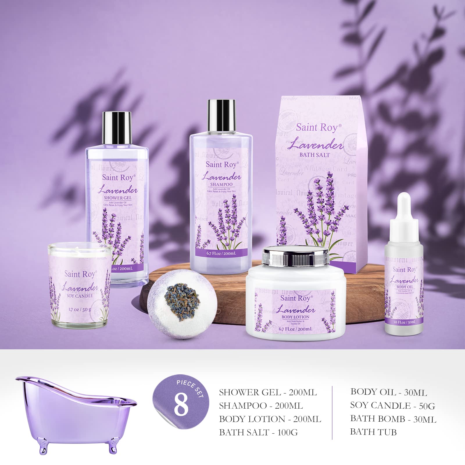 Saint Roy aromatherapy set displaying shower gel, shampoo, and body lotion bottles infused with natural essential oils