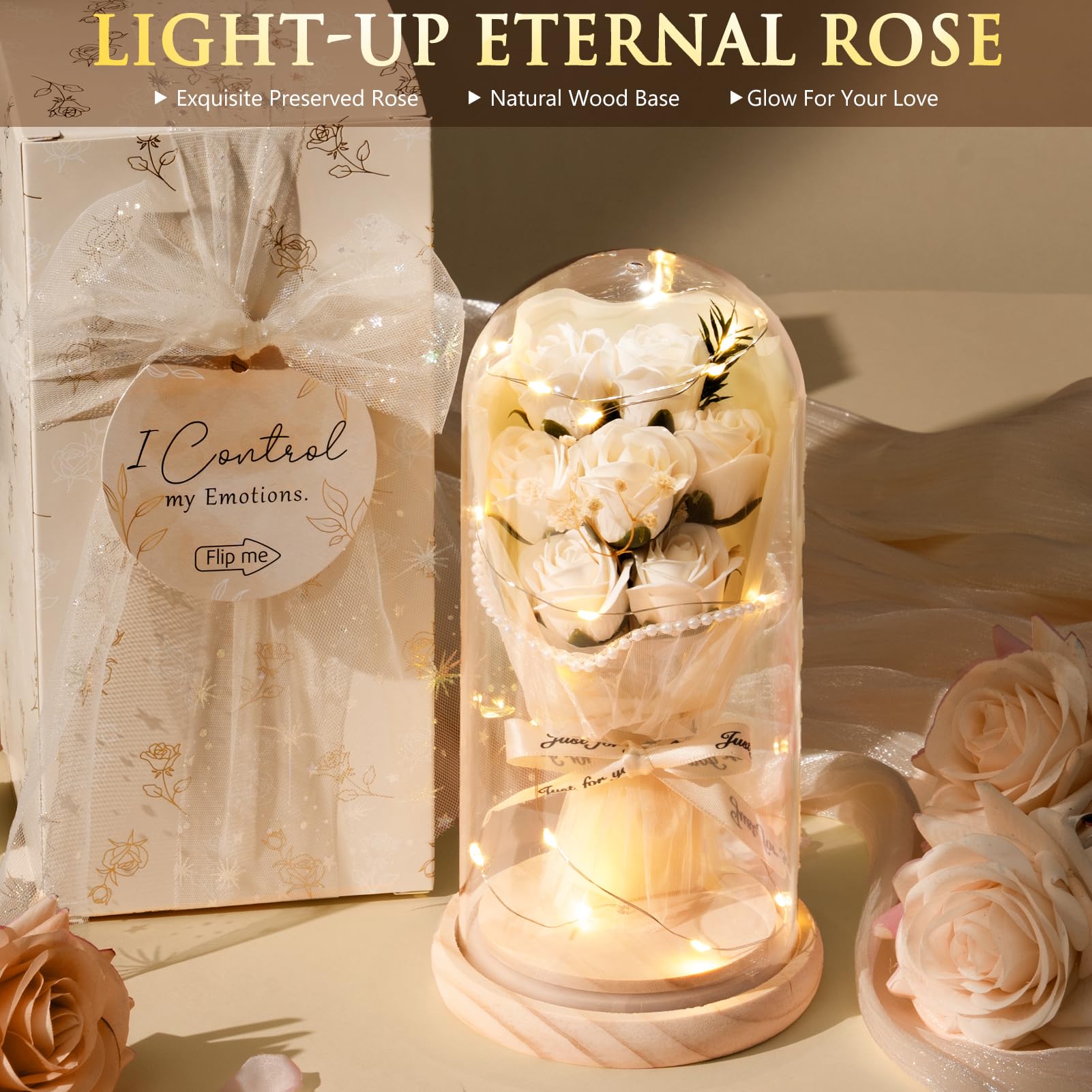 Qinline gift set showing wrapped items and preserved rose flower