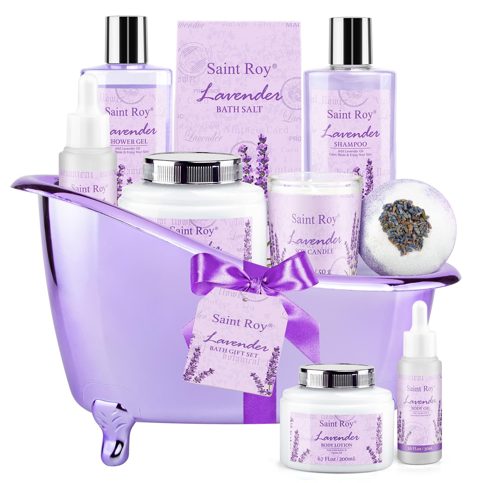 Full collection of Saint Roy lavender products unboxed to show individual volumes and sizes for home spa care