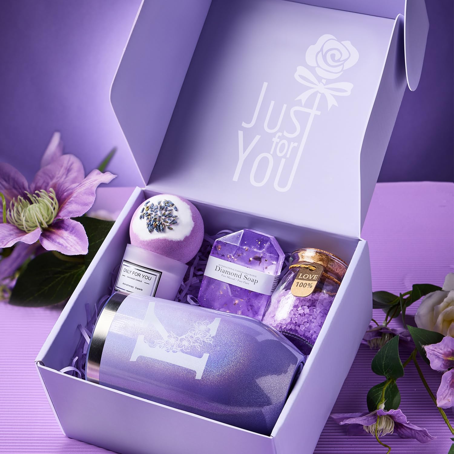 Maddify lavender personalized self care collection showing the initial K stainless steel insulated tumbler with reusable straw