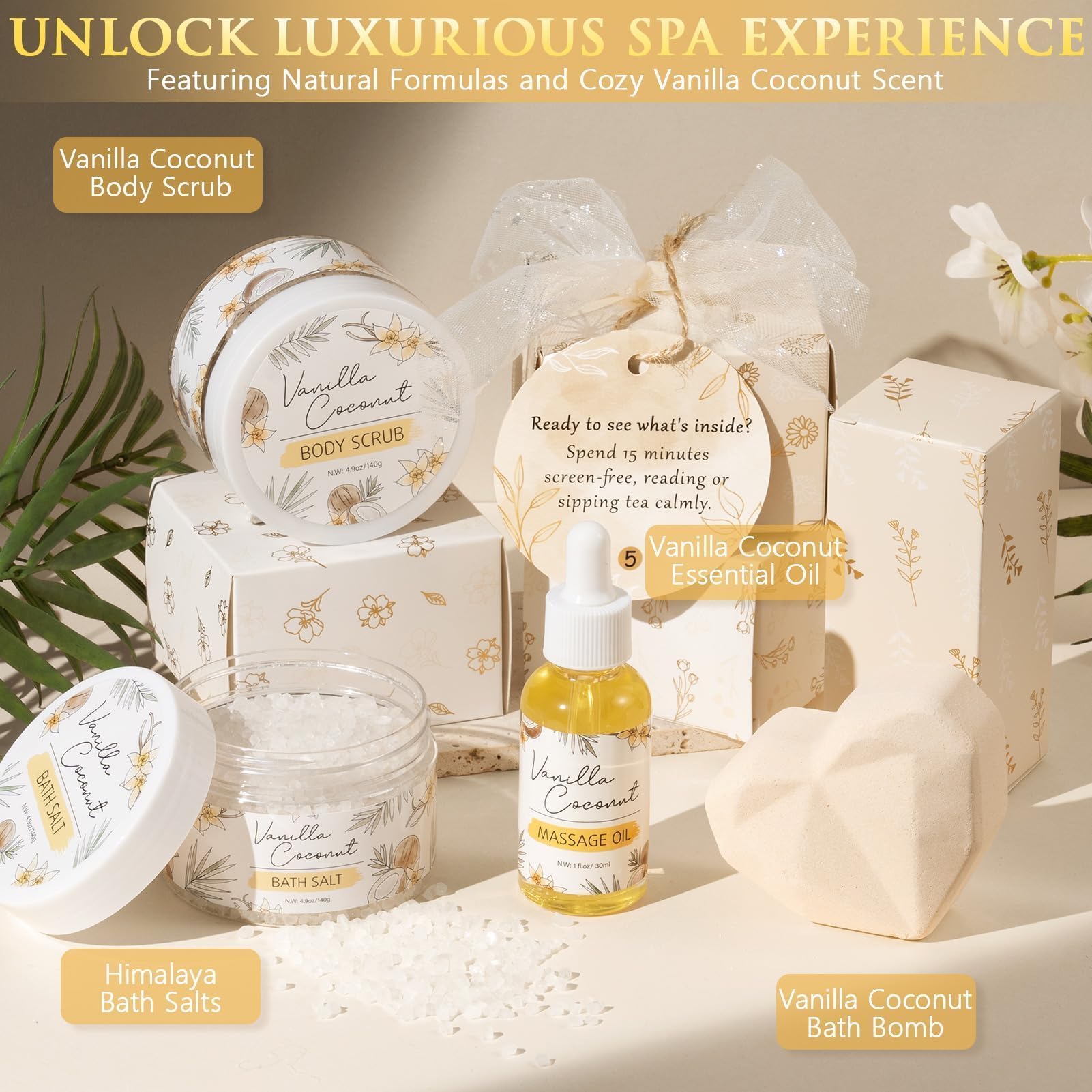 Qinline luxury vanilla coconut scented candle and body scrub set