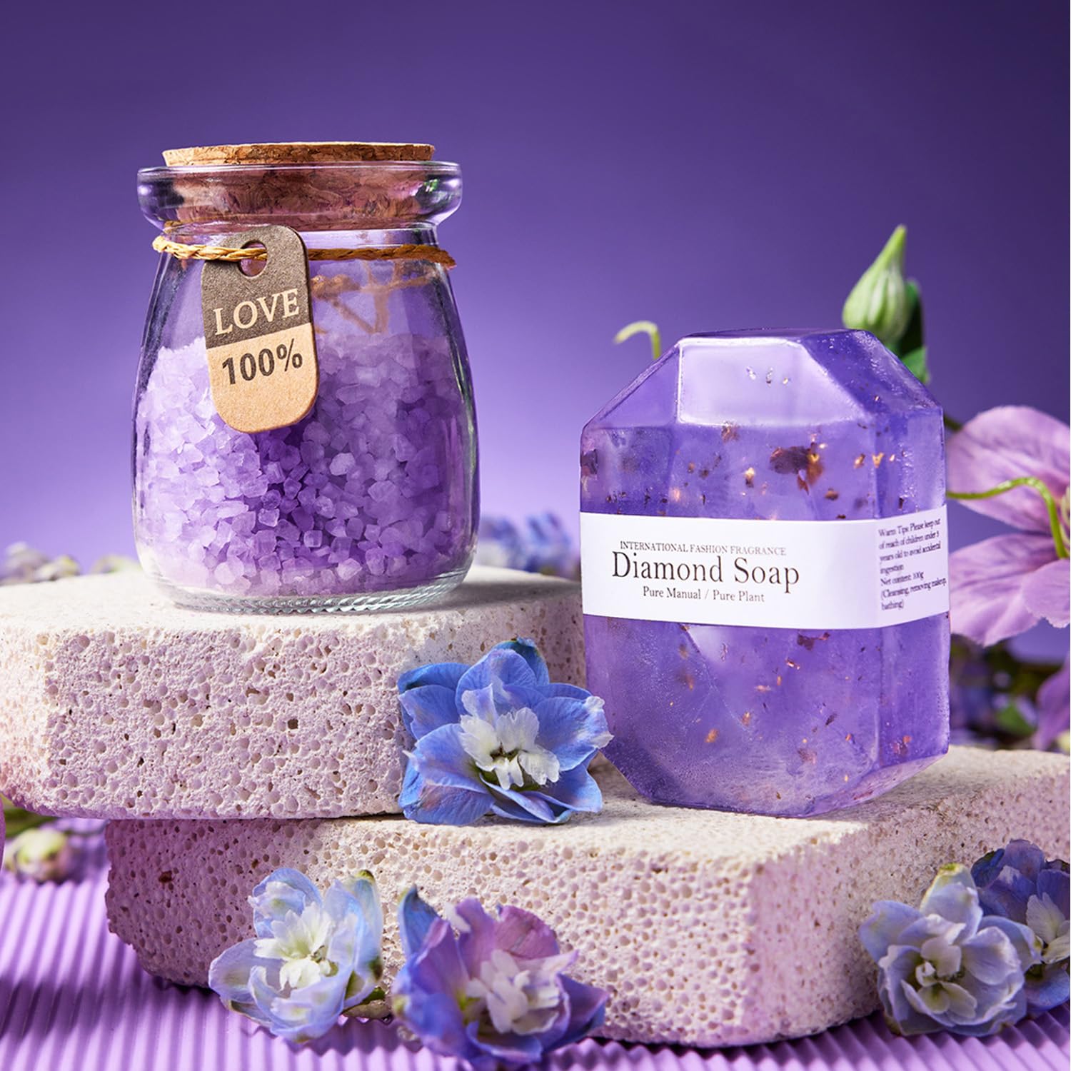 Maddify premium stress relief set showcasing a large fizzing lavender bath bomb and matching scented candle