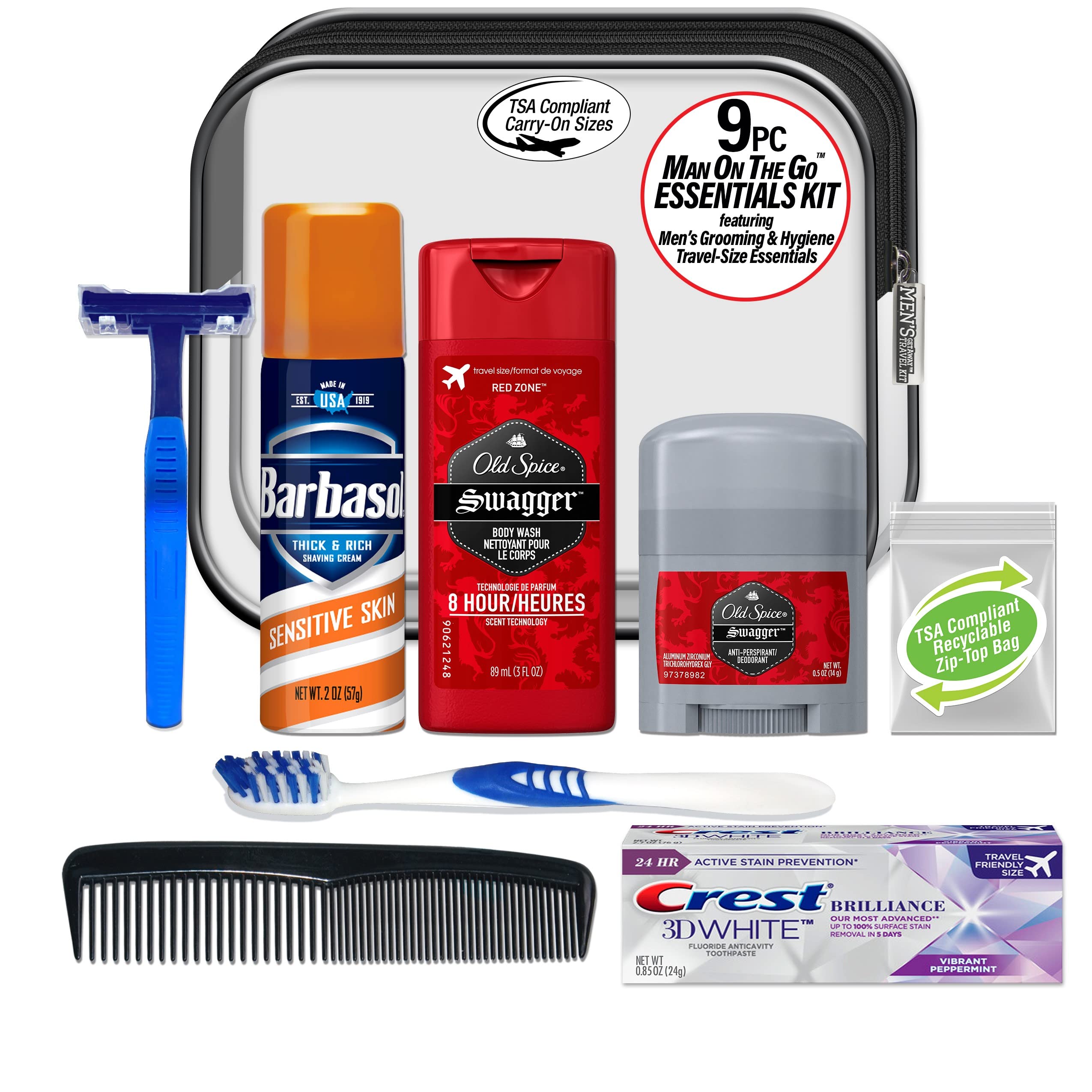 Close up of Old Spice and Barbasol items in the travel kit