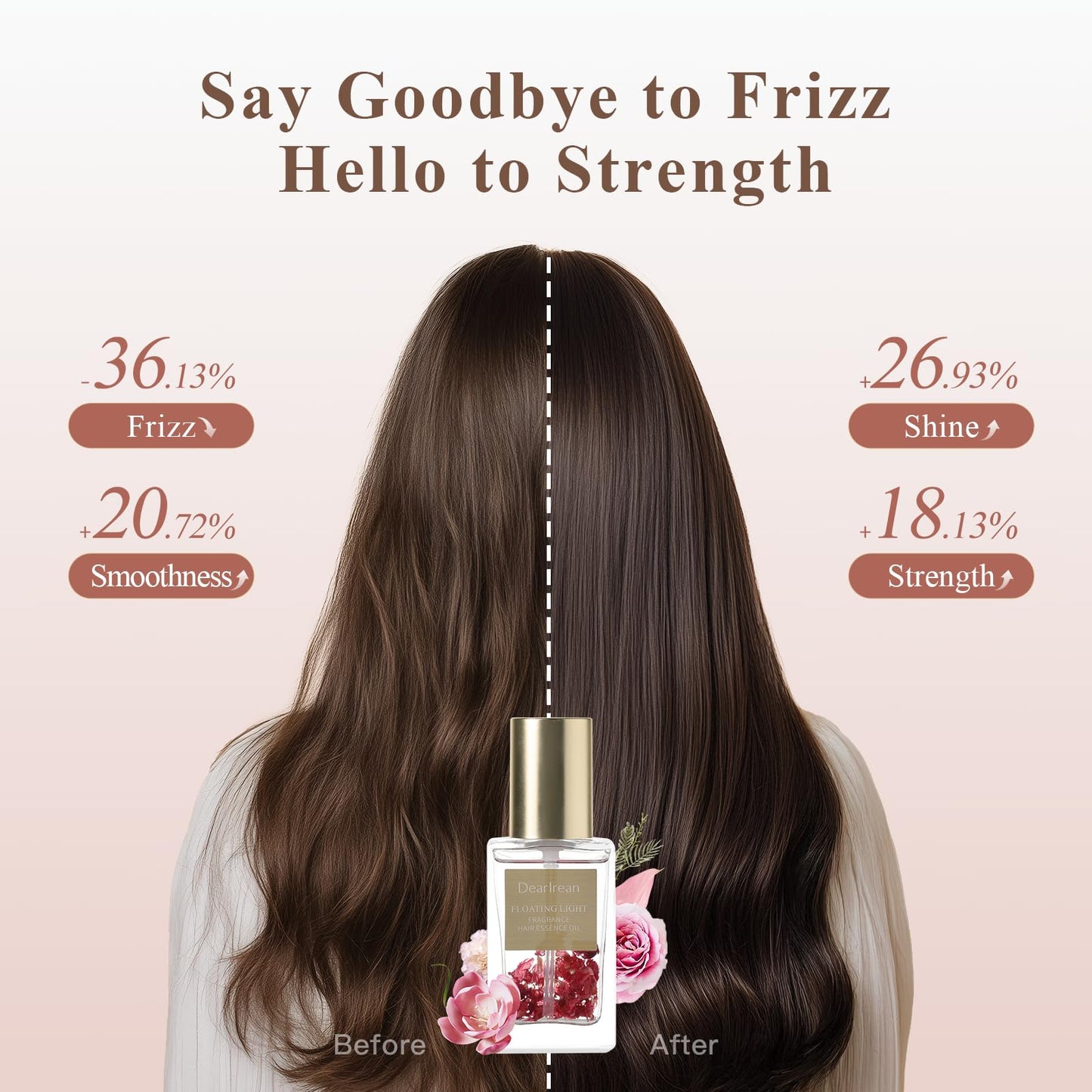 Close up of Dear Irean hair essence oil texture with visible flower petals.