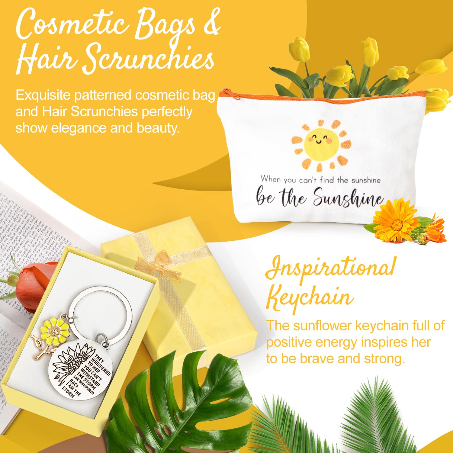 Suhctuptx canvas makeup bag with inspirational text and matching sun themed scented candle.