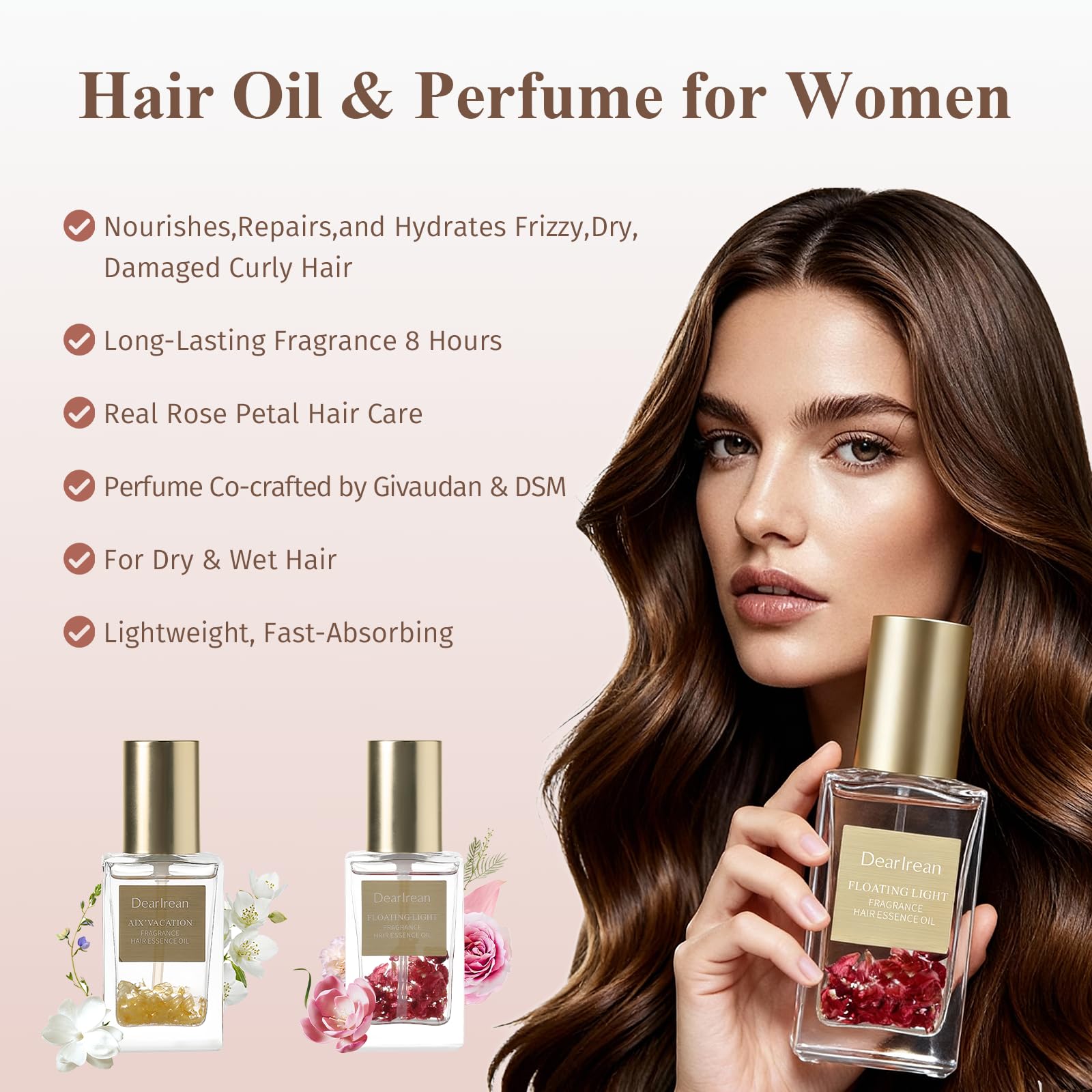 Side profile of Dear Irean fragrance hair oil bottle showing 1.35 fluid ounce size.