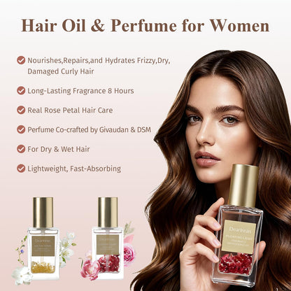 Side profile of Dear Irean fragrance hair oil bottle showing 1.35 fluid ounce size.