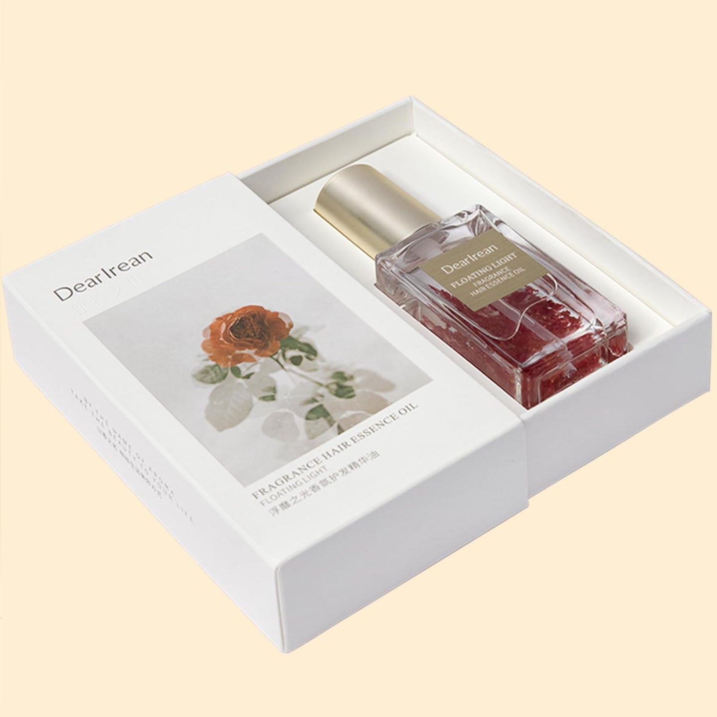Dear Irean rose hair oil packaging and bottle aesthetic display.