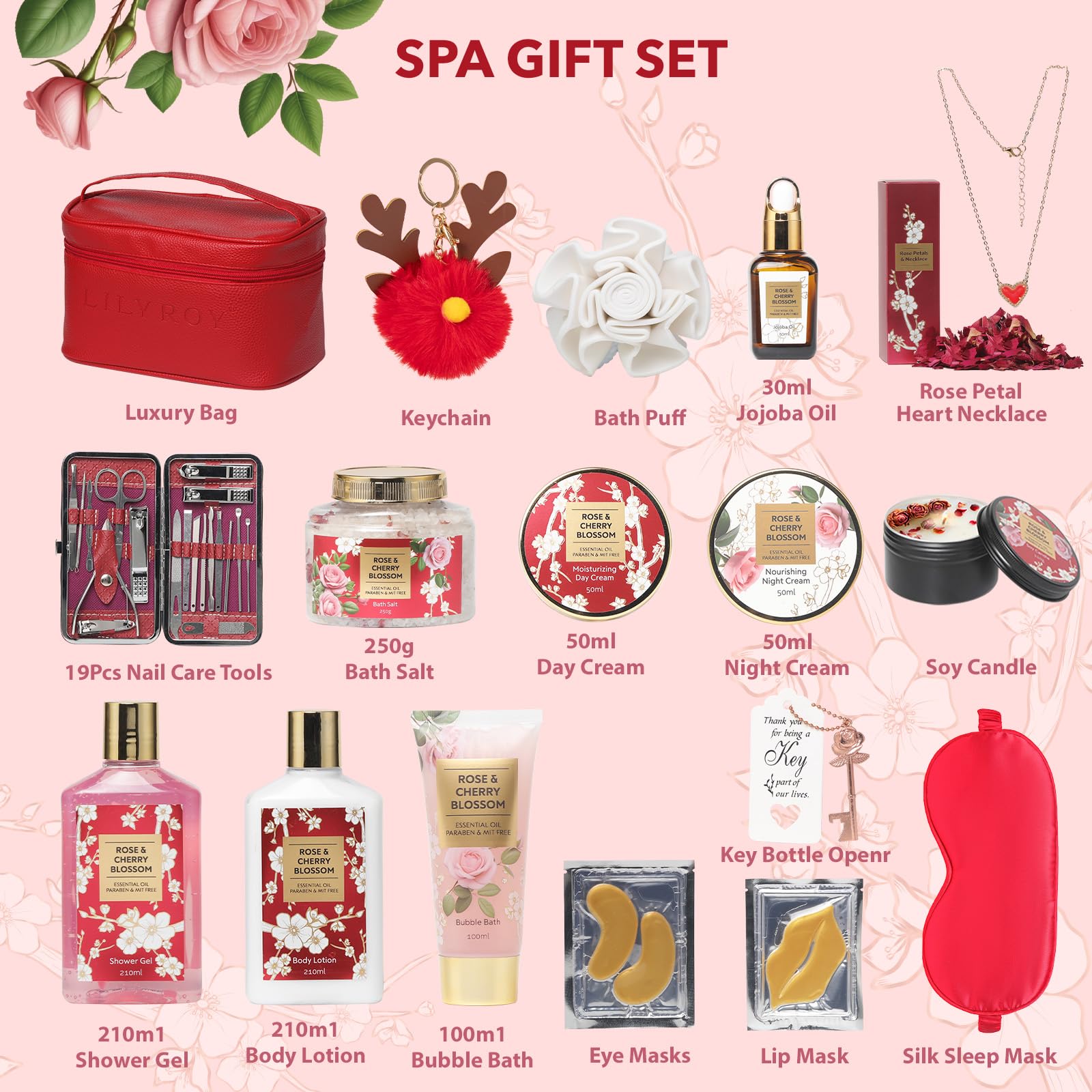 RA ROSA ACCA spa gift set for women arranged neatly beside the included red leather cosmetic bag