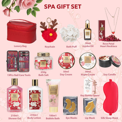 RA ROSA ACCA spa gift set for women arranged neatly beside the included red leather cosmetic bag
