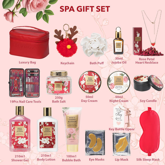 RA ROSA ACCA spa gift set for women arranged neatly beside the included red leather cosmetic bag