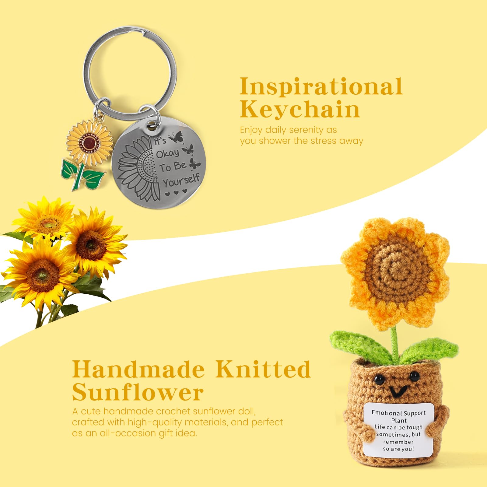 Close up of sunflower themed gifts in Heartluxe basket
