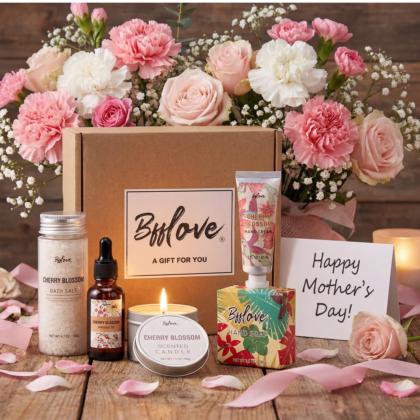 BFFLOVE spa collection with scented candle and massage oil