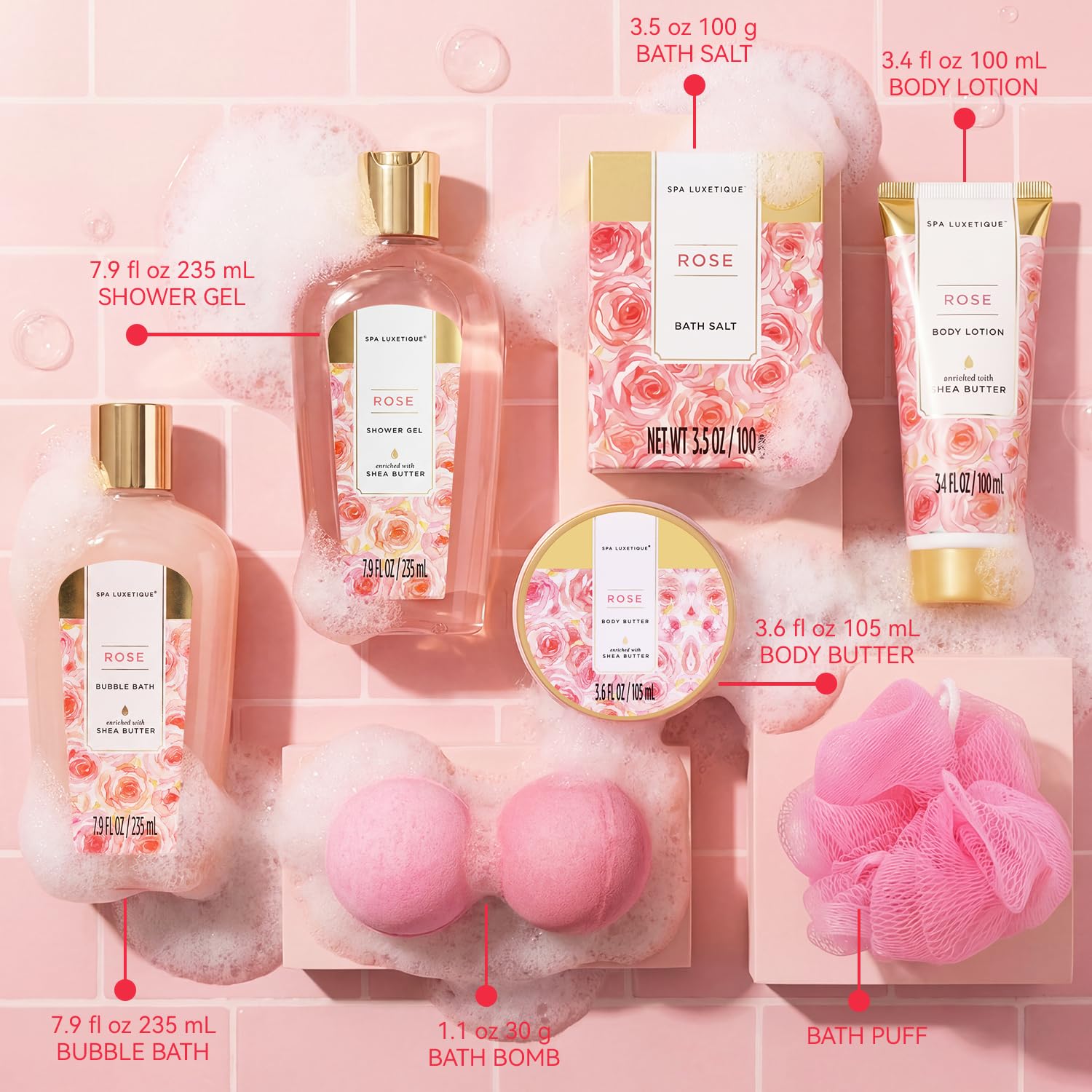 Close up of Spa Luxetique rose shower gel and lotion