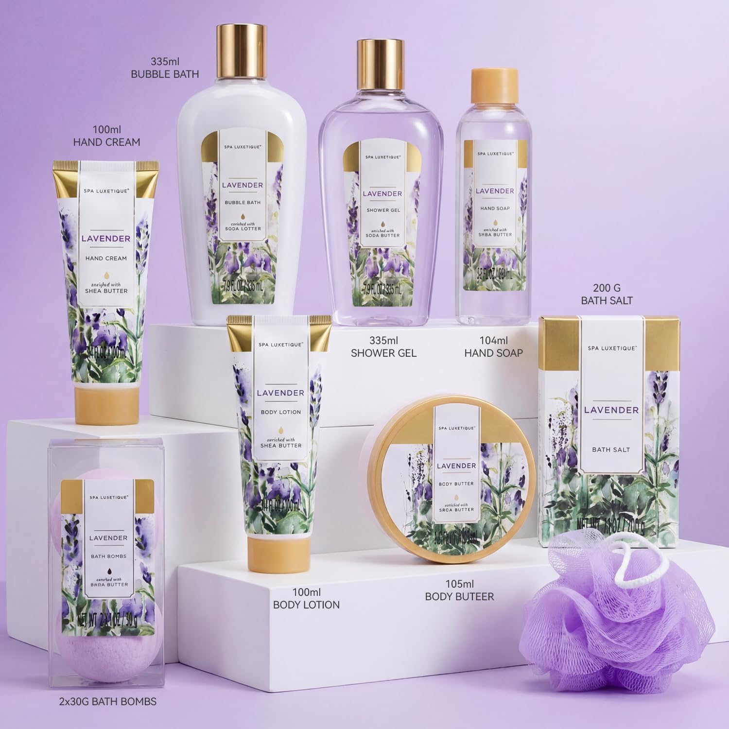 Full collection of Spa Luxetique bath products in purple packaging