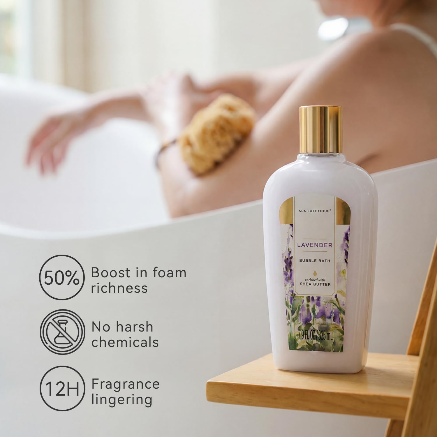 Close up of Spa Luxetique body lotion and shower gel bottles