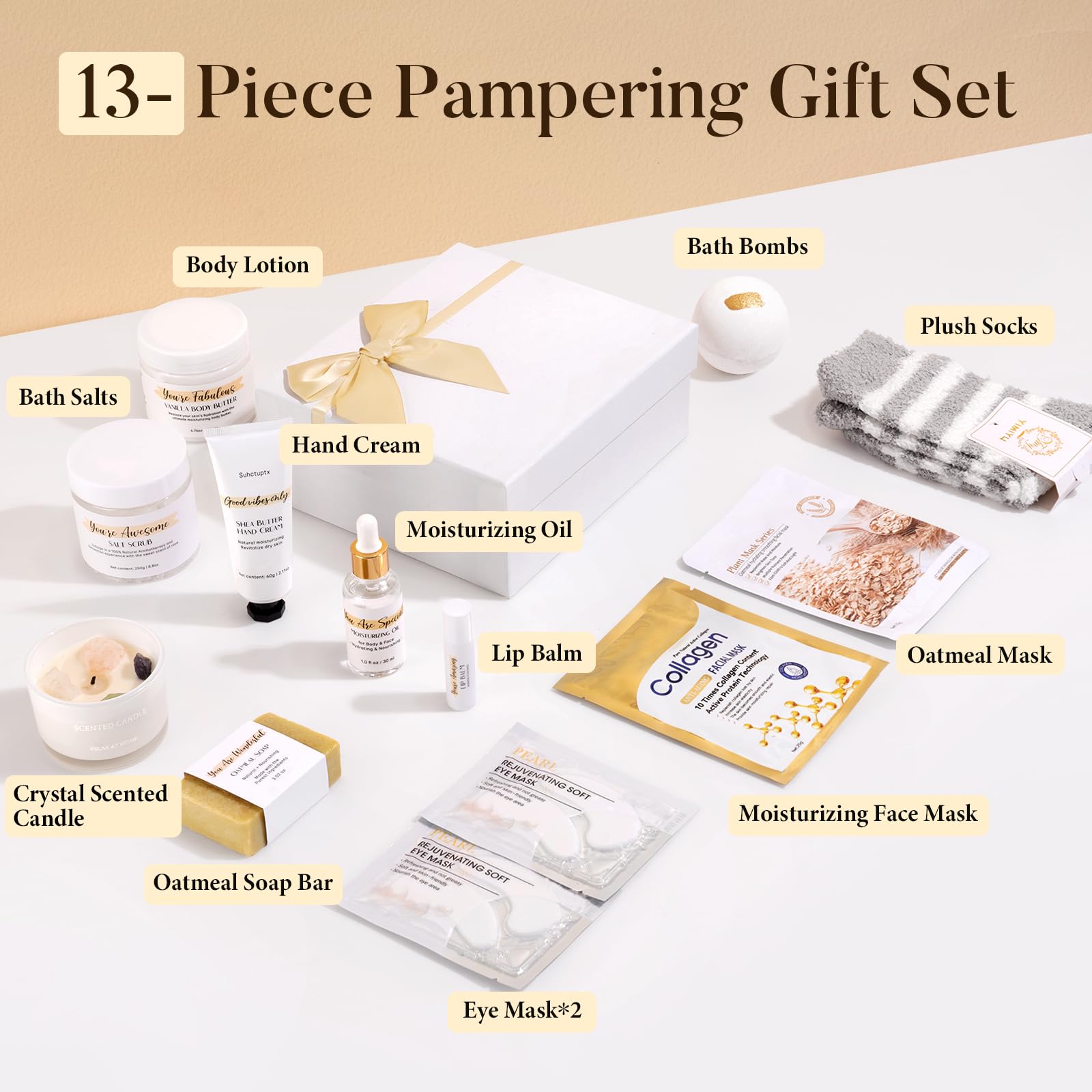 Suhctuptx spa gift box contents including candles and skincare