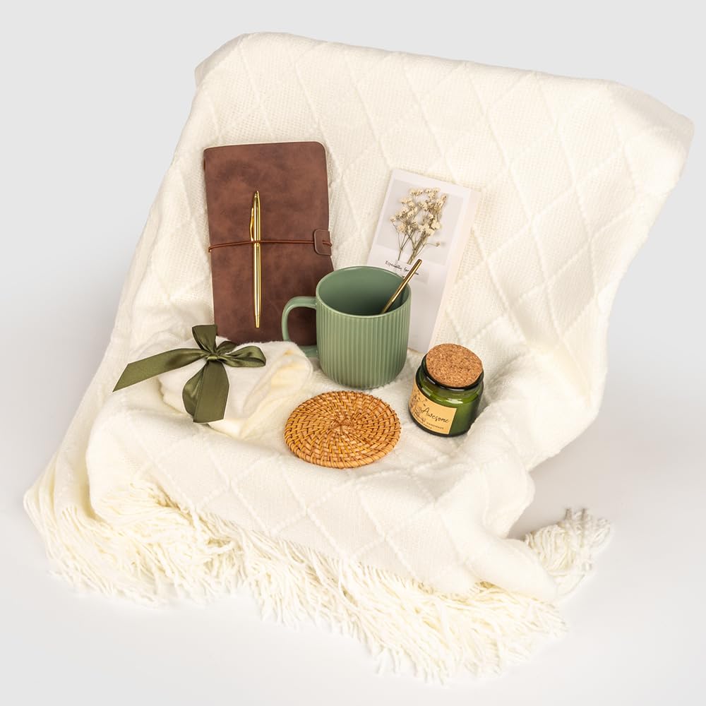 Anforsun gift basket items including mug, coaster, and knitted blanket
