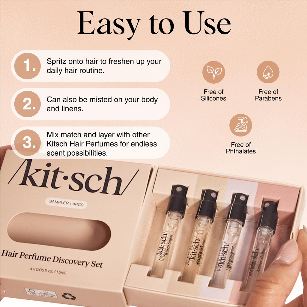 Back view of Kitsch hair perfume discovery set packaging with product details
