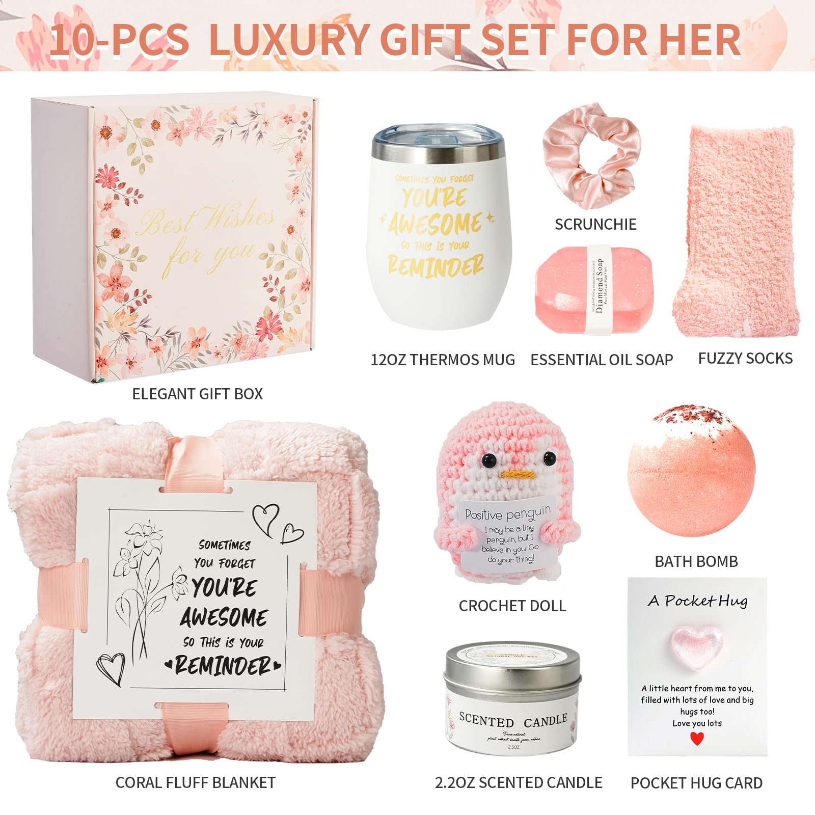 Luxury spa gift set contents including scented candle and tumbler
