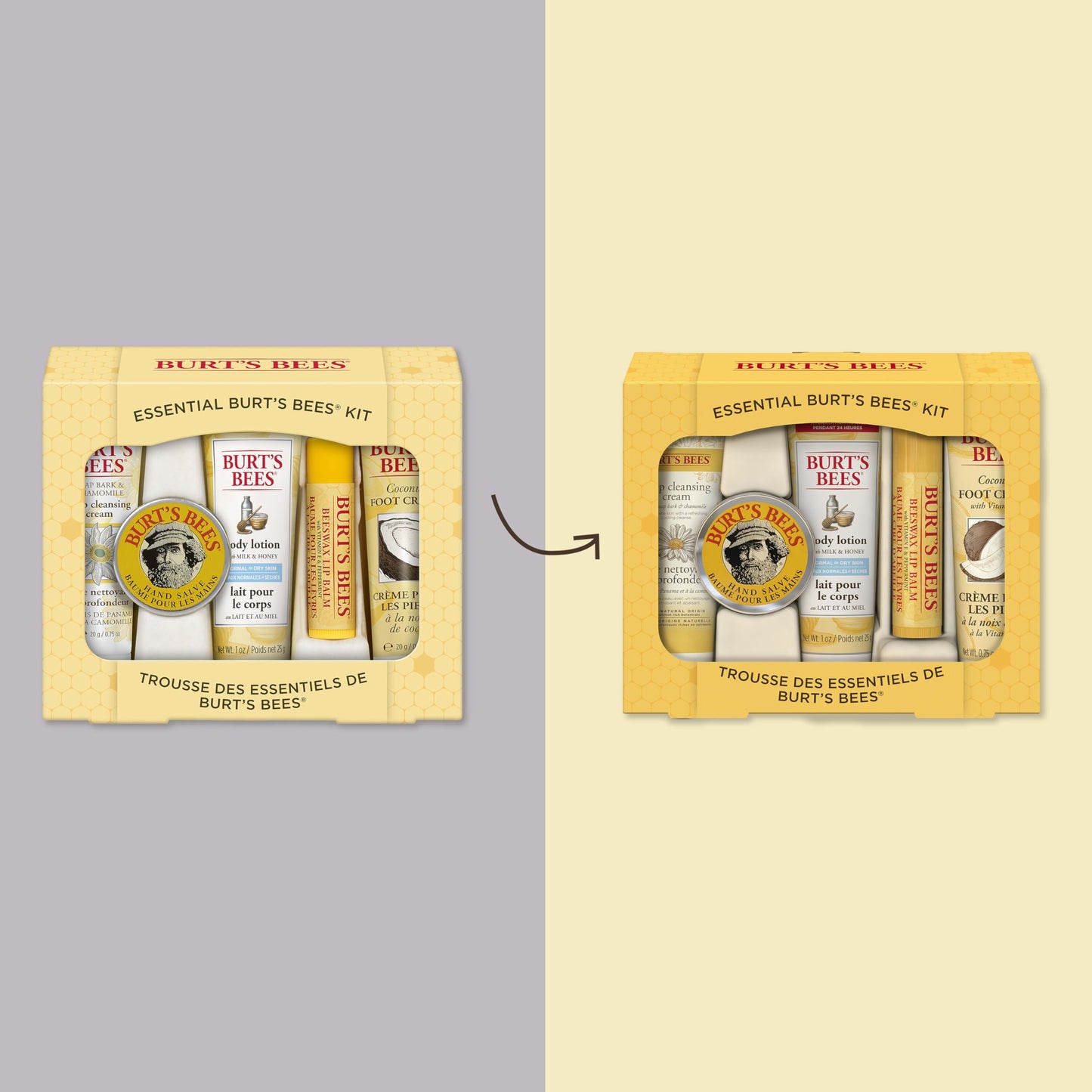 Burt's Bees travel size skincare products unboxed and arranged neatly together
