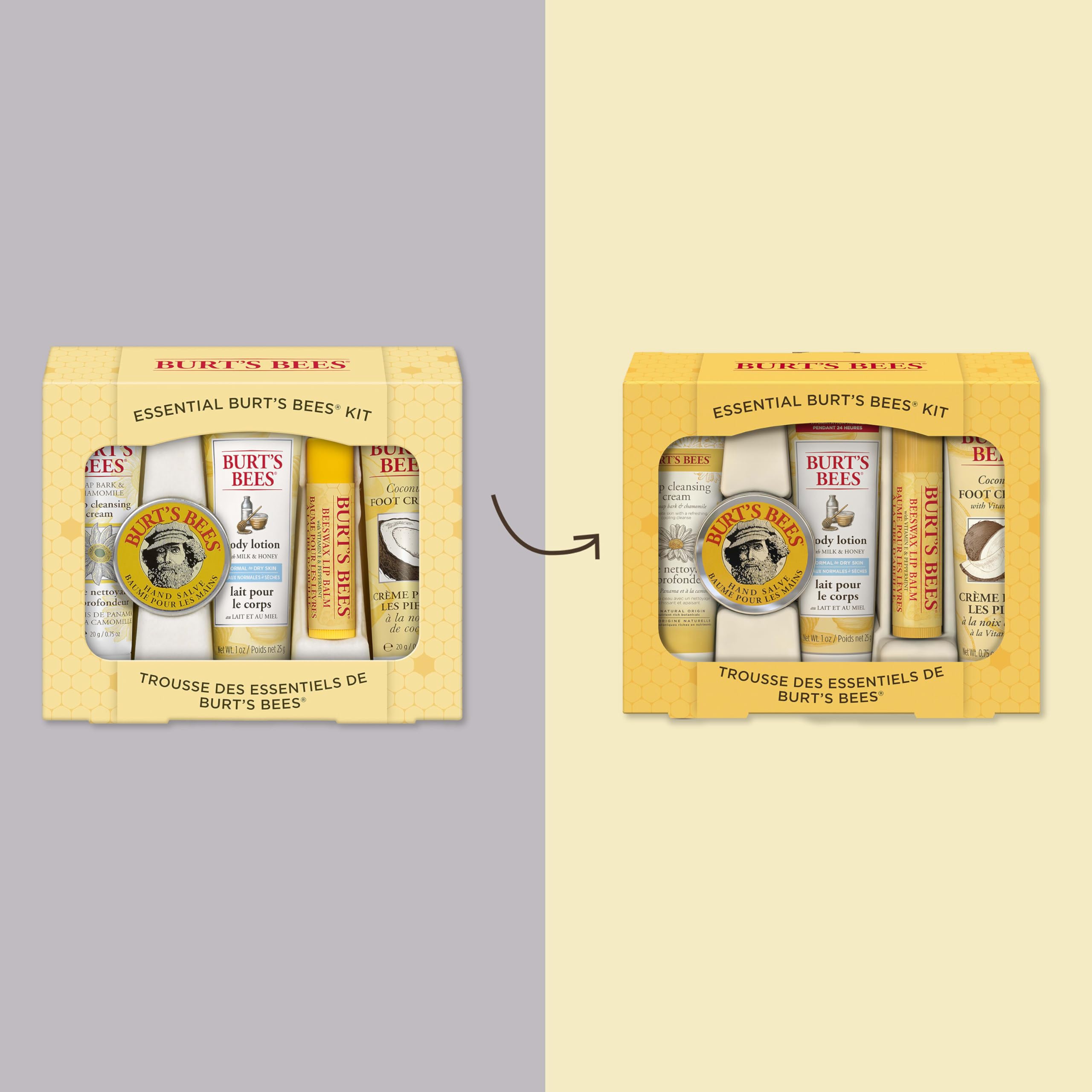 Burt's Bees travel size skincare products unboxed and arranged neatly together