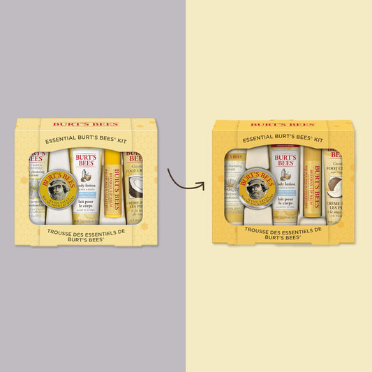 Burt's Bees travel size skincare products unboxed and arranged neatly together