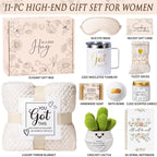 Plush throw blanket and cozy items included in the women care package