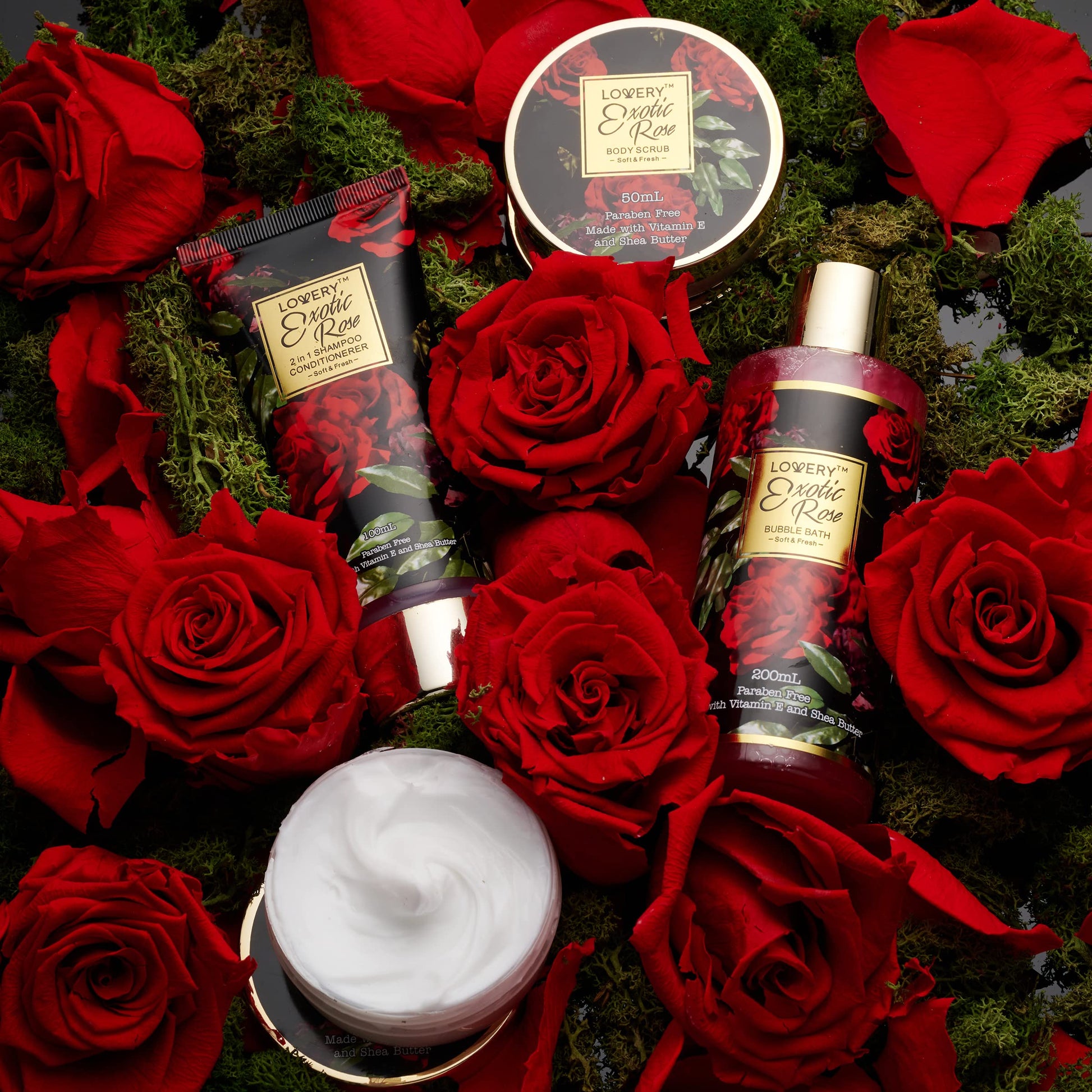 Lovery Exotic Rose relaxing bubble bath and shower gel bottles close up