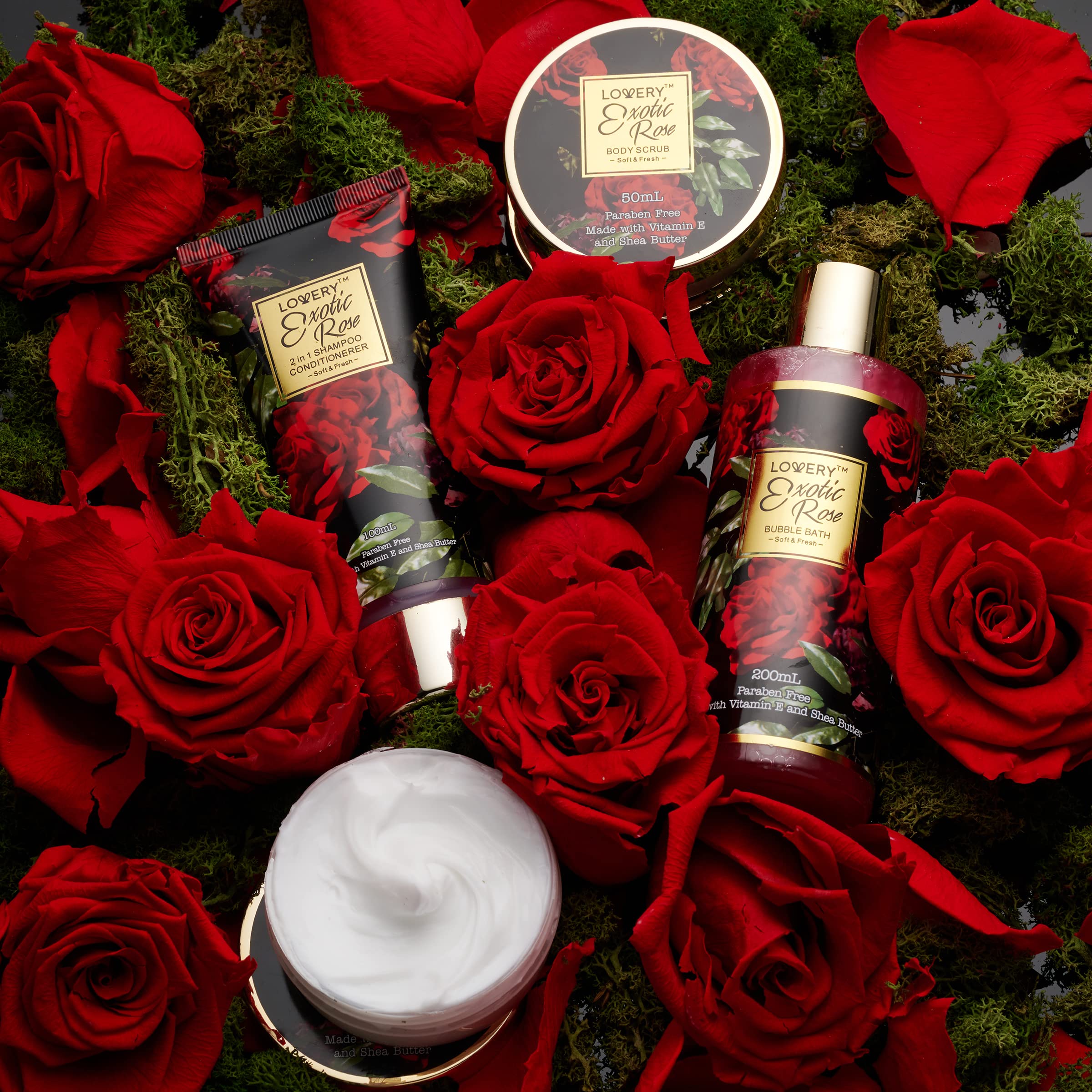 Lovery Exotic Rose relaxing bubble bath and shower gel bottles close up