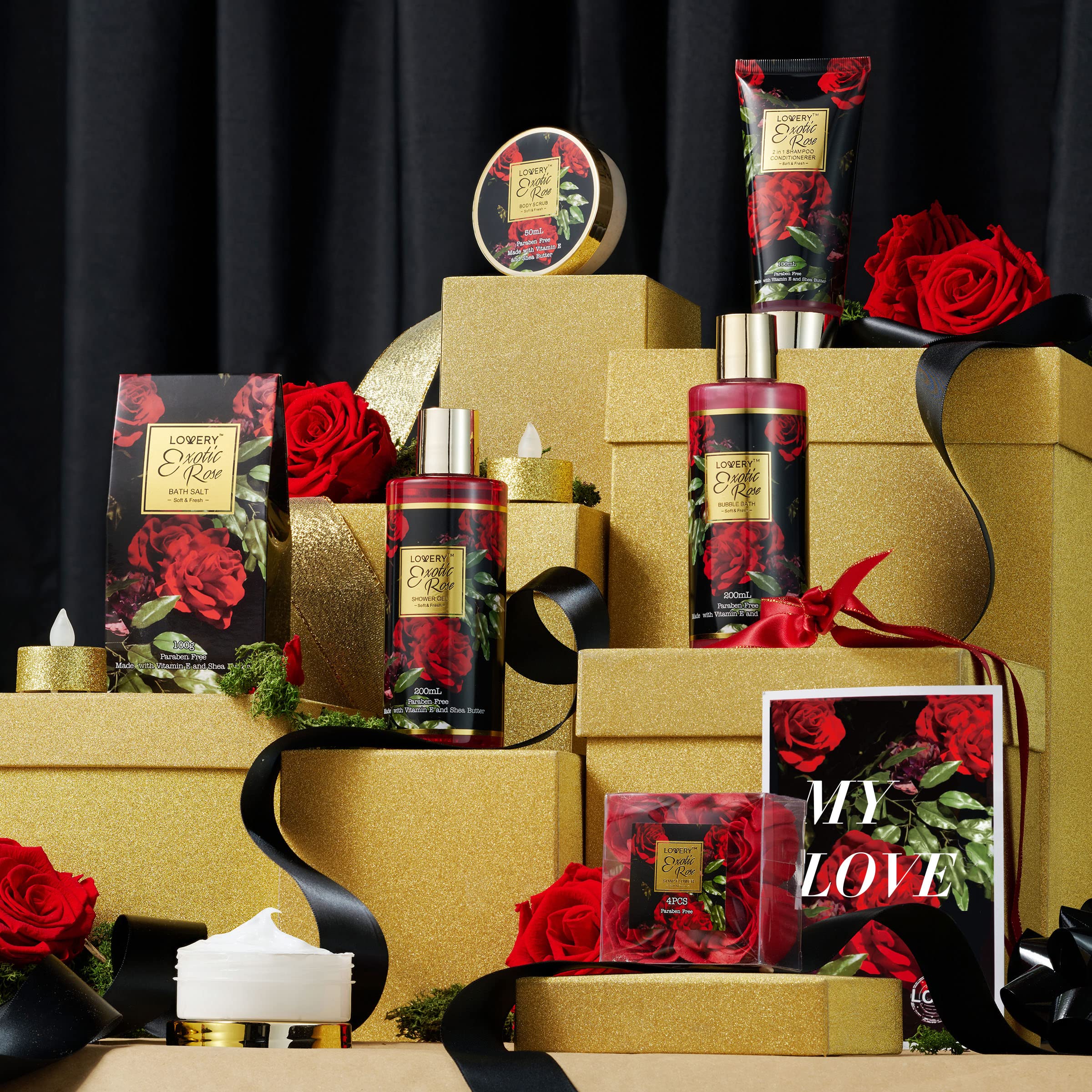 Lovery Exotic Rose exfoliating body scrub jar and bath salts pack