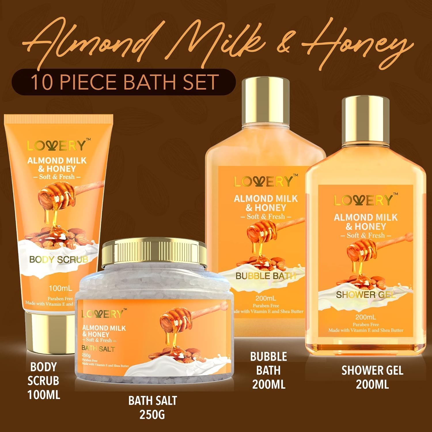 Close up of Lovery bath and body products in woven basket