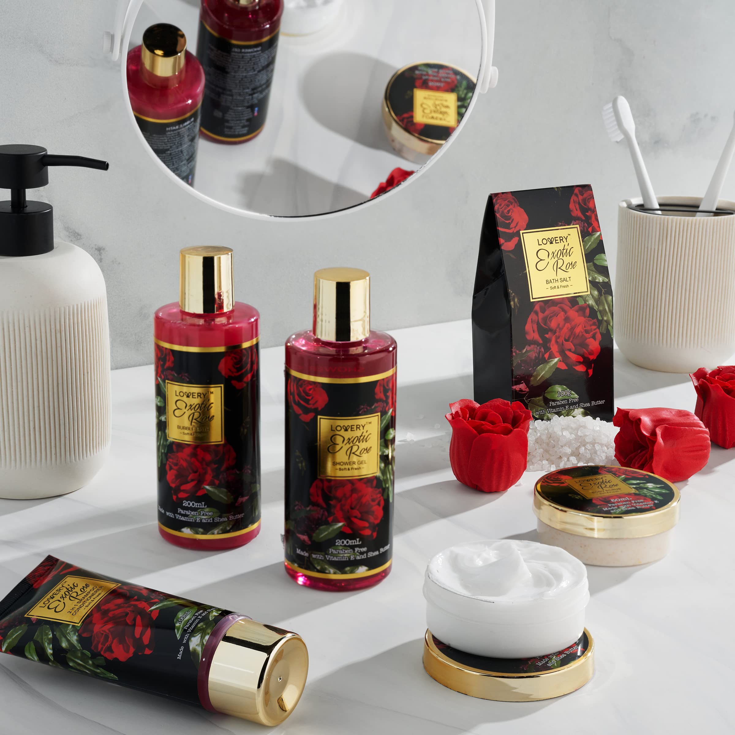 Lovery Exotic Rose decorative soap flowers arranged inside the gift basket