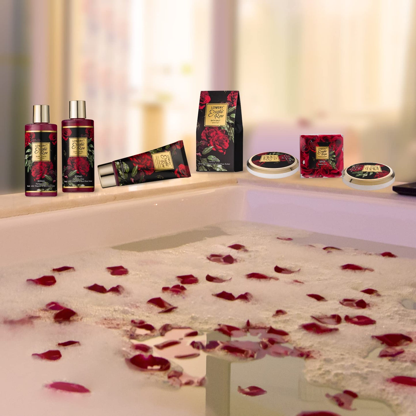 Lovery Exotic Rose spa gift set unboxed showing all premium bath essentials