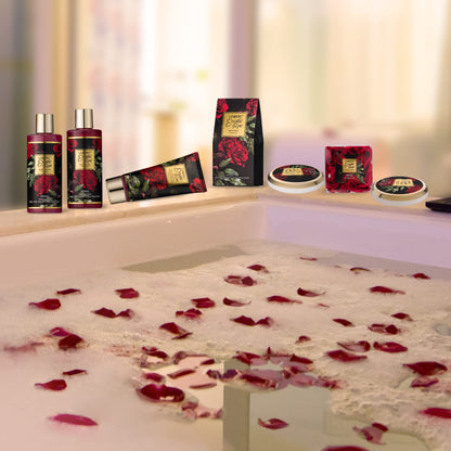 Lovery Exotic Rose spa gift set unboxed showing all premium bath essentials